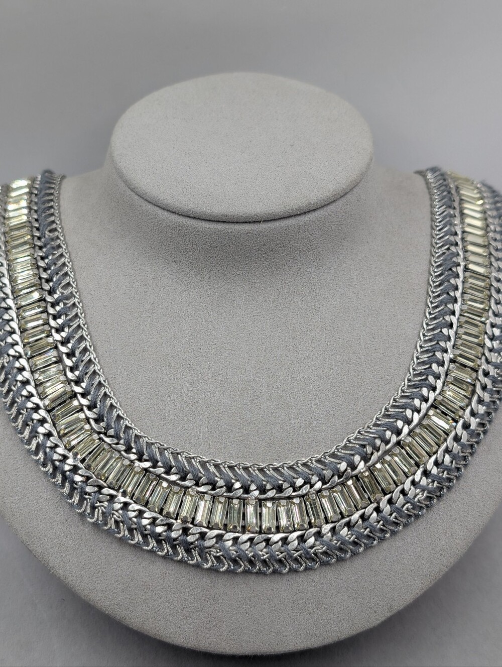 Stella & Dot Silver Baguette Crystal Woven Chain Statement Collar Necklace 0140